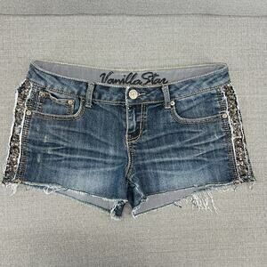 Vanilla Star Blue Distressed Low Rise Cut Off Sequined Patch Denim Shorts Size 9